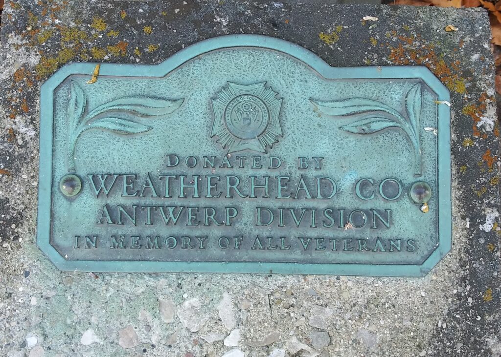 WEATHERHEAD CO ANTWERP DIVISION ALL VETERANS MEMORIAL PLAQUE