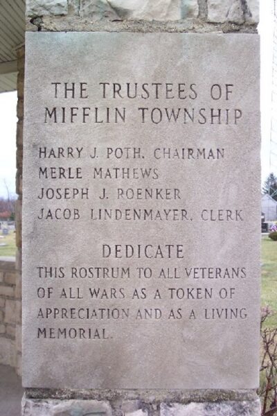 MIFFLIN TOWNSHIP VETERANS OF ALL WARS MEMORIAL TABLET