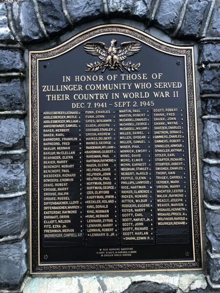 ZULLINGER COMMUNITY WORLD WAR II MEMORIAL PLAQUE