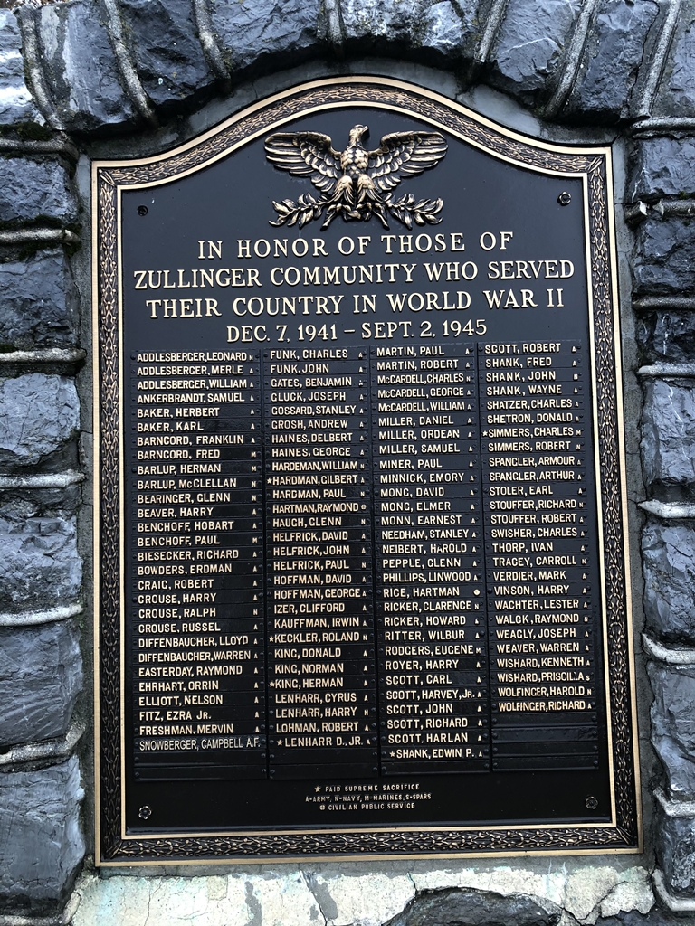 ZULLINGER COMMUNITY WORLD WAR II MEMORIAL PLAQUE