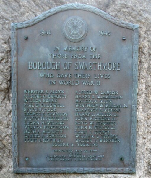 BOROUGH OF SWARTHMORE WORLD WAR II MEMORIAL PLAQUE
