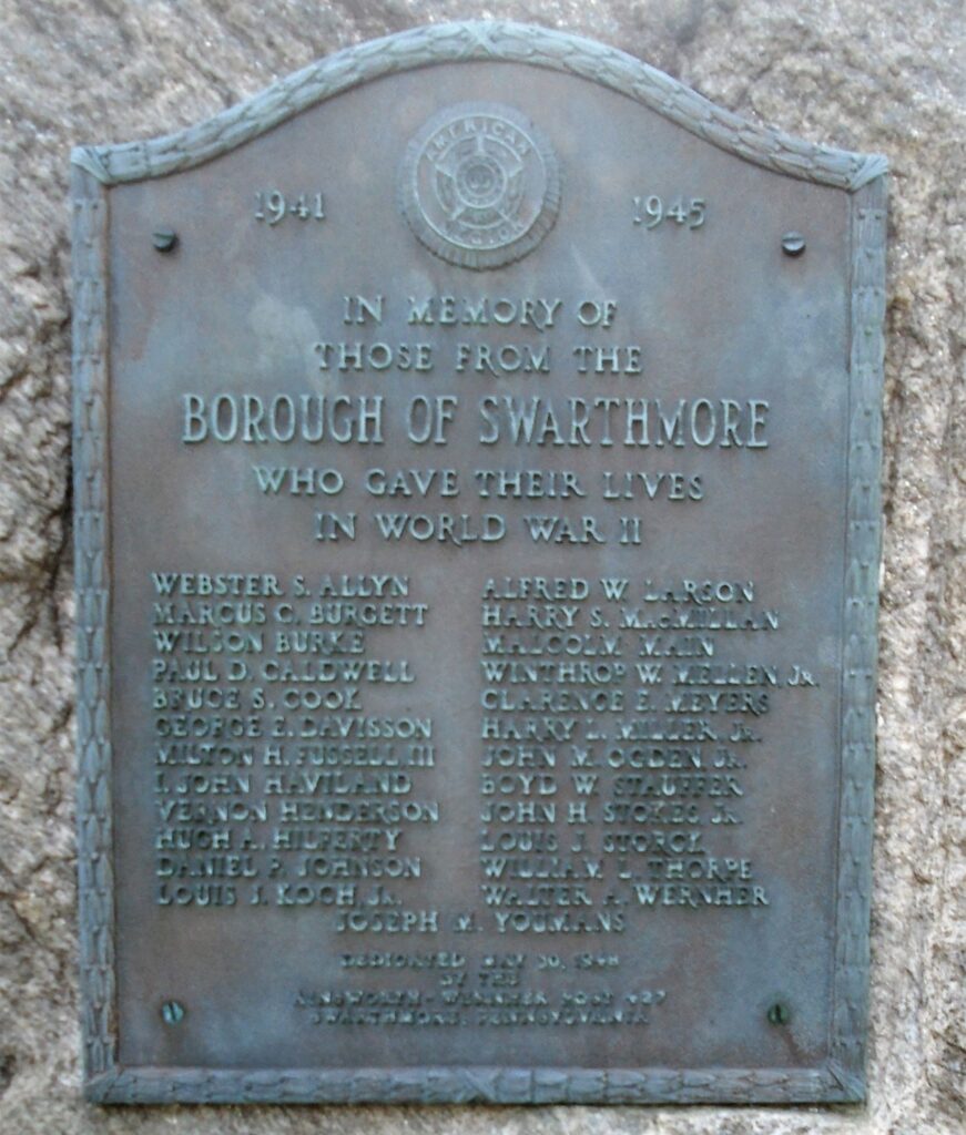 BOROUGH OF SWARTHMORE WORLD WAR II MEMORIAL PLAQUE