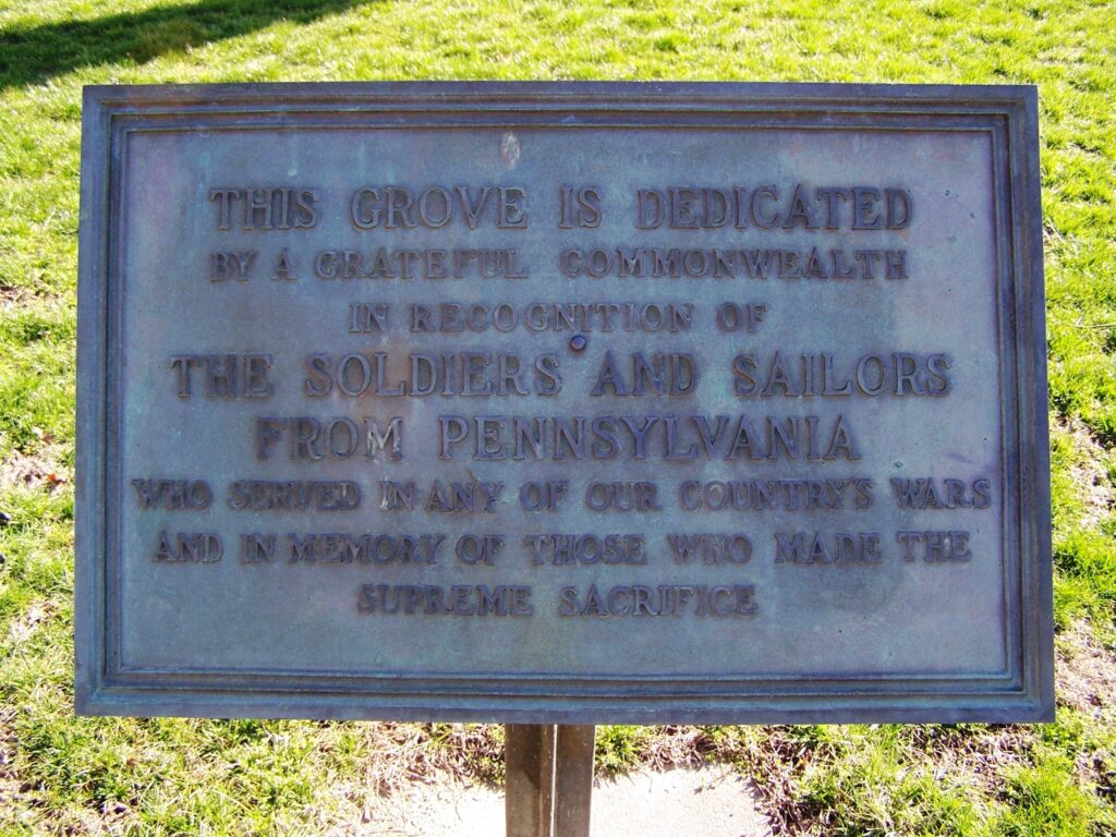 PENNSYLVANIA SOLDIERS AND SAILORS GROVE MEMORIAL PLAQUE