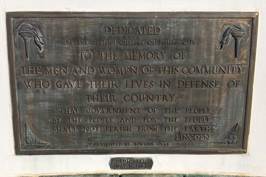 POTTSTOWN WAR VETERANS MEMORIAL PLAQUE