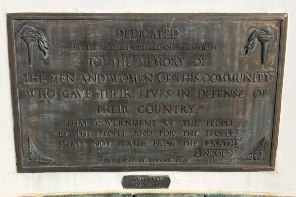 POTTSTOWN WAR VETERANS MEMORIAL PLAQUE