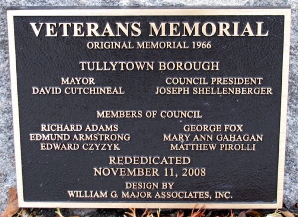 TULLYTOWN BOROUGH VETERANS MEMORIAL PLAQUE A