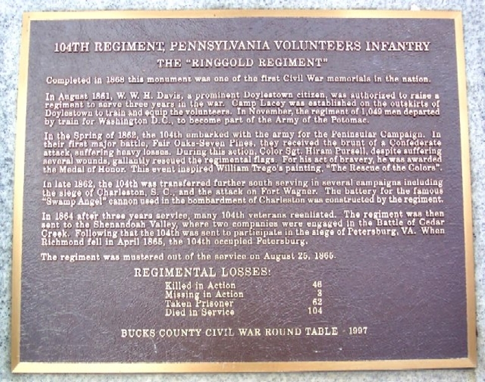 104TH PENNSYLVANIA INFANTRY REGIMENT WAR MEMORIAL PLAQUE