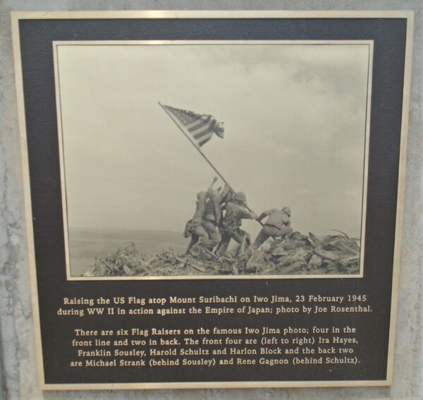 RAISING THE US FLAG ATOP MOUNT SURIBACHI WAR MEMORIAL PLAQUE