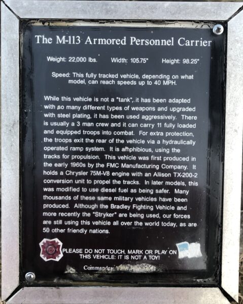 THE M-113 ARMORED PERSONNEL CARRIER WAR MEMORIAL PLAQUE
