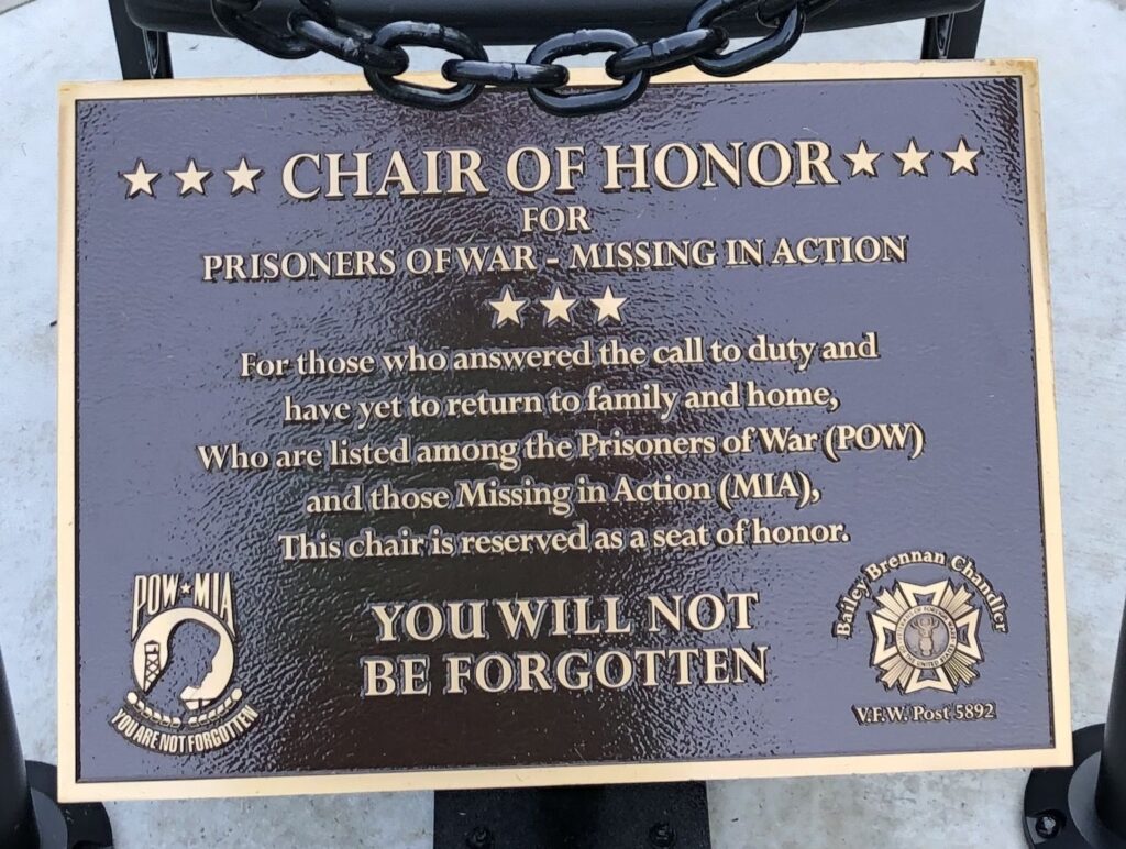 CHAIR OF HONOR WAR MEMORIAL PLAQUE