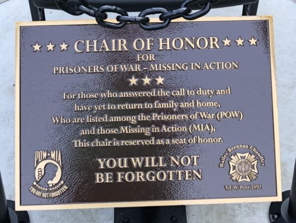 CHAIR OF HONOR WAR MEMORIAL PLAQUE