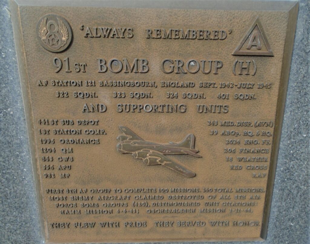 USAF ACADEMY 91ST BOMB GROUP (H) WAR MEMORIAL PLAQUE