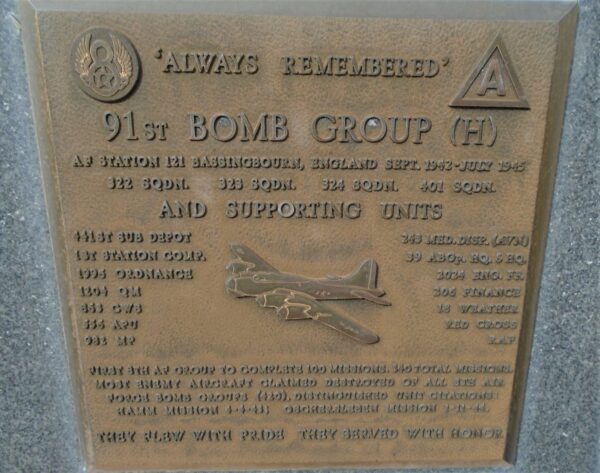 USAF ACADEMY 91ST BOMB GROUP (H) WAR MEMORIAL PLAQUE