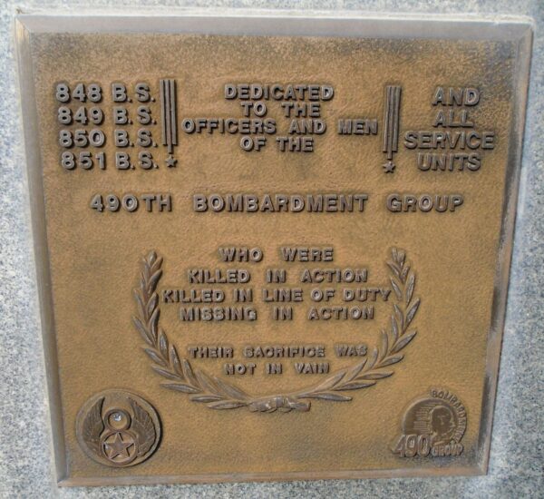 USAF ACADEMY 490TH BOMBARDMENT GROUP WAR MEMORIAL PLAQUE