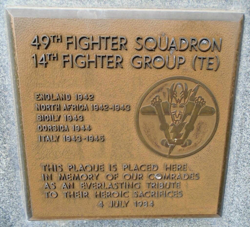 49TH FIGHTER SQUADRON 14TH FIGHTER GROUP (TE) WAR MEMORIAL PLAQUE