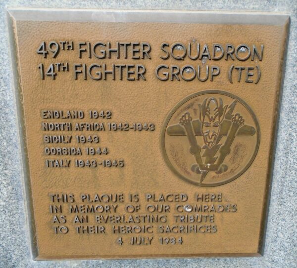 49TH FIGHTER SQUADRON 14TH FIGHTER GROUP (TE) WAR MEMORIAL PLAQUE
