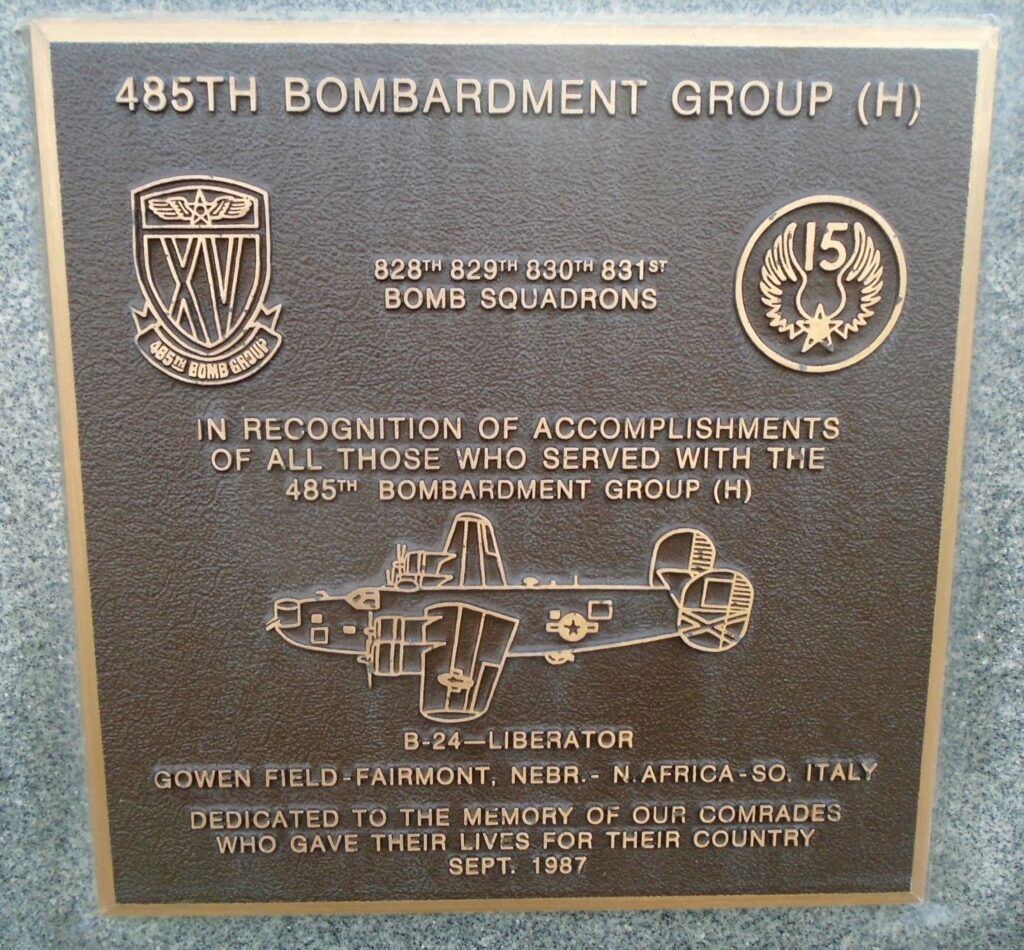 USAF ACADEMY 485TH BOMBARDMENT GROUP (H) WAR MEMORIAL PLAQUE