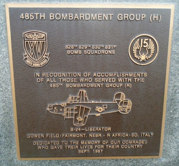 USAF ACADEMY 485TH BOMBARDMENT GROUP (H) WAR MEMORIAL PLAQUE