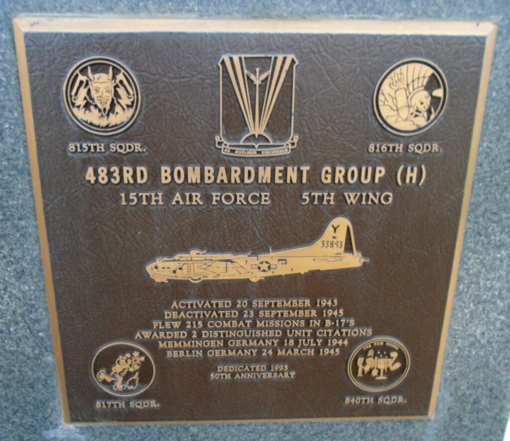 USAF ACADEMY 483RD BOMBARDMENT GROUP (H) WAR MEMORIAL PLAQUE
