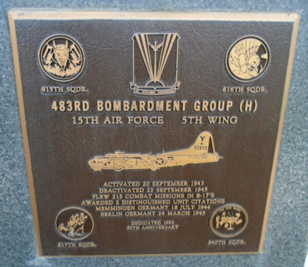 USAF ACADEMY 483RD BOMBARDMENT GROUP (H) WAR MEMORIAL PLAQUE