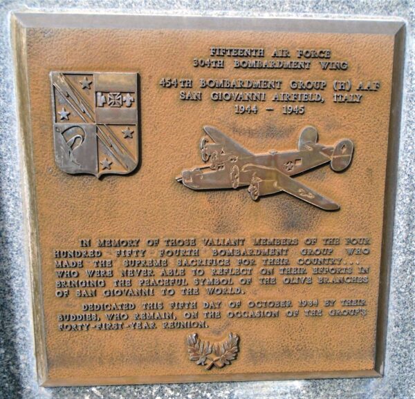 USAF ACADEMY 454TH BOMBARDMENT GROUP (H) AAF WAR MEMORIAL PLAQUE