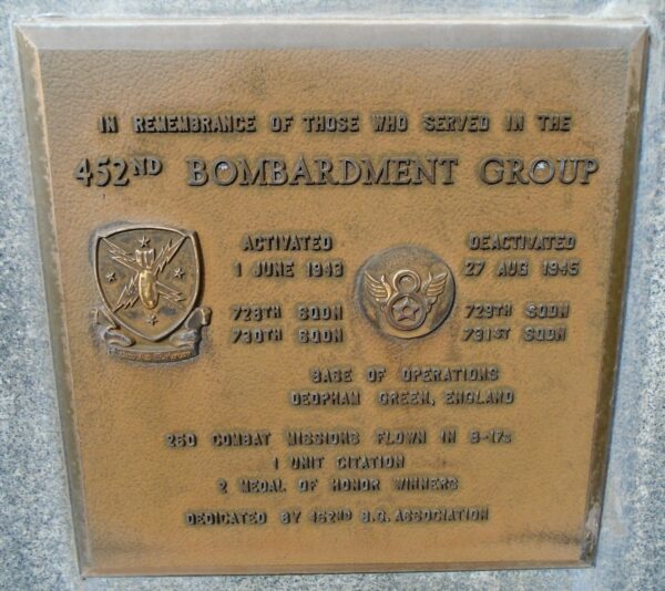 USAF ACADEMY 452ND BOMBARDMENT GROUP WAR MEMORIAL PLAQUE