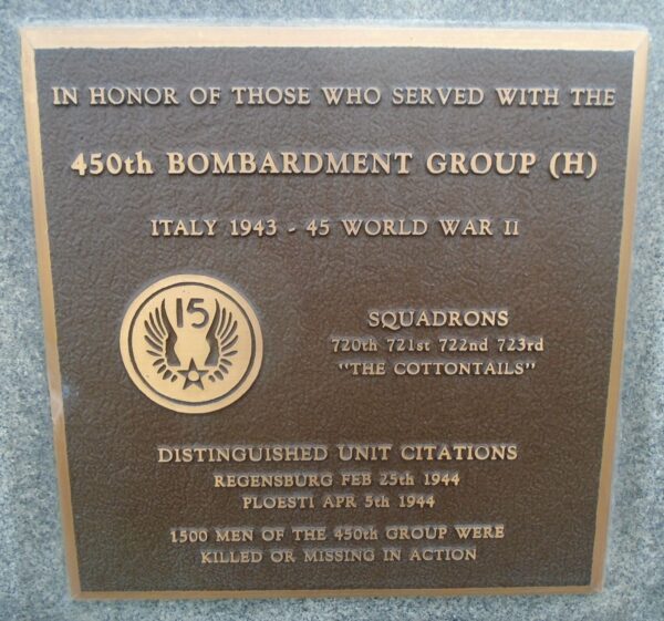 USAF ACADEMY 450TH BOMBARDMENT GROUP (H) WAR MEMORIAL PLAQUE