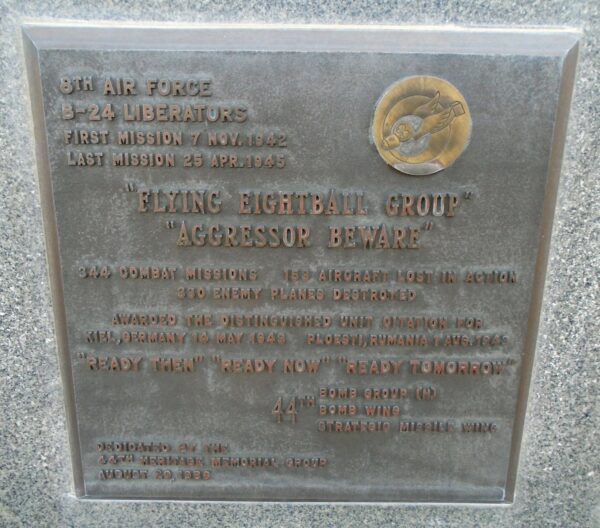 USAF ACADEMY 44TH BOMB GROUP (H) WAR MEMORIAL PLAQUE