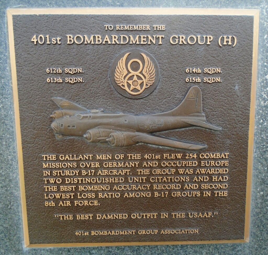 USAF ACADEMY 401ST BOMBARDMENT GROUP (H) WAR MEMORIAL PLAQUE