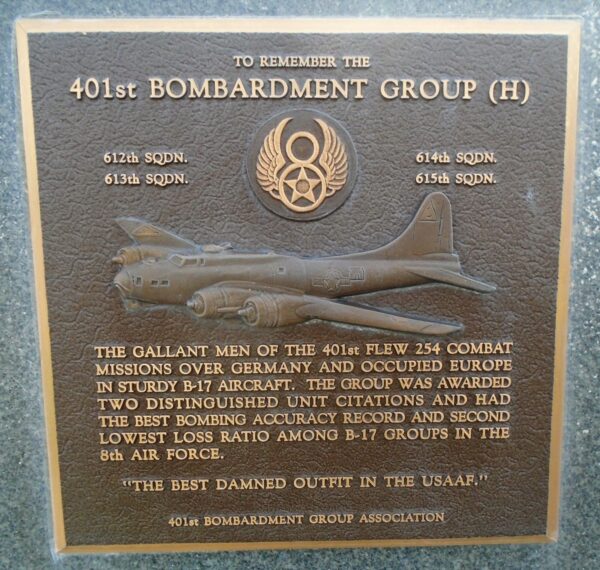 USAF ACADEMY 401ST BOMBARDMENT GROUP (H) WAR MEMORIAL PLAQUE