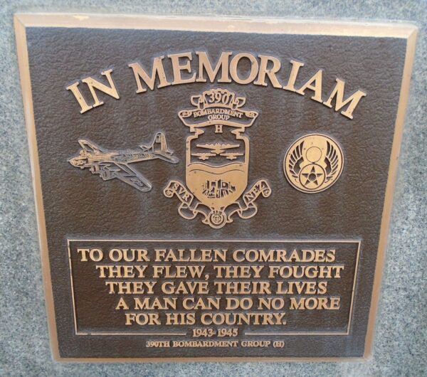 USAF ACADEMY 390TH BOMBARDMENT GROUP (H) WAR MEMORIAL PLAQUE