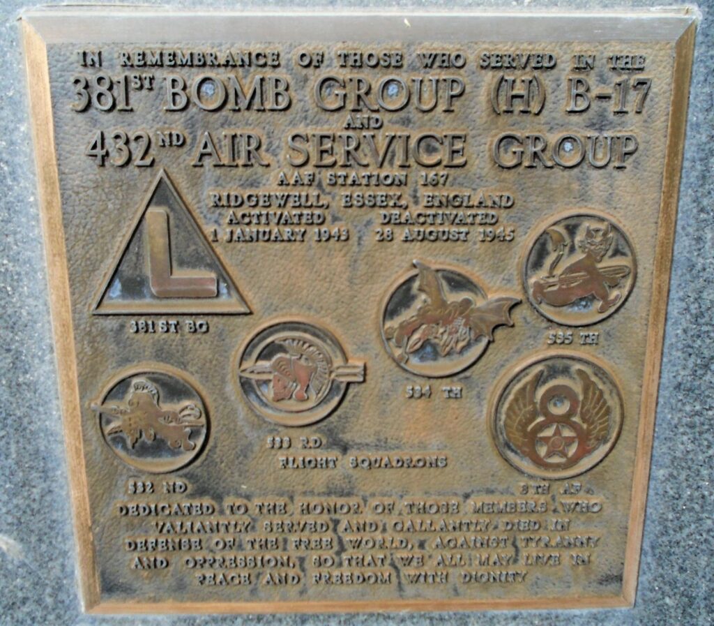 381ST BOMB GROUP (H) B-17 AND 432ND AIR SERVICE GROUP WAR MEMORIAL PLAQUE