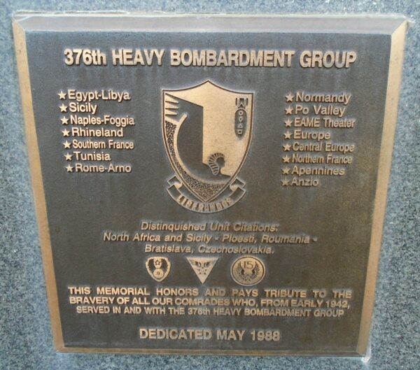 USAF ACADEMY 376TH HEAVY BOMBARDMENT GROUP WAR MEMORIAL PLAQUE
