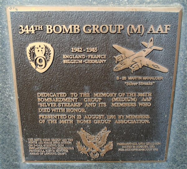 USAF ACADEMY 344TH BOMB GROUP (M) AAF WAR MEMORIAL PLAQUE