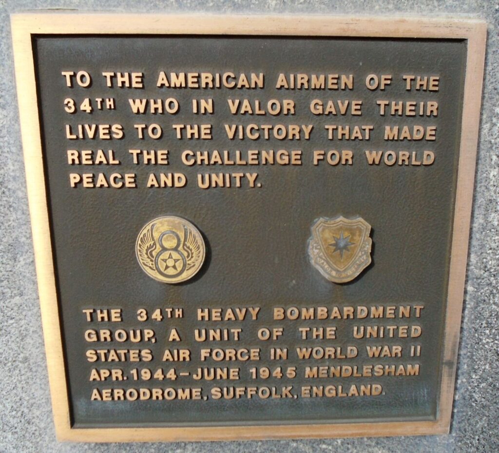 USAF ACADEMY 34TH HEAVY BOMBARDMENT GROUP WAR MEMORIAL PLAQUE