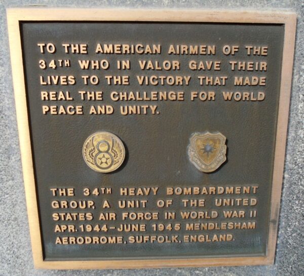 USAF ACADEMY 34TH HEAVY BOMBARDMENT GROUP WAR MEMORIAL PLAQUE