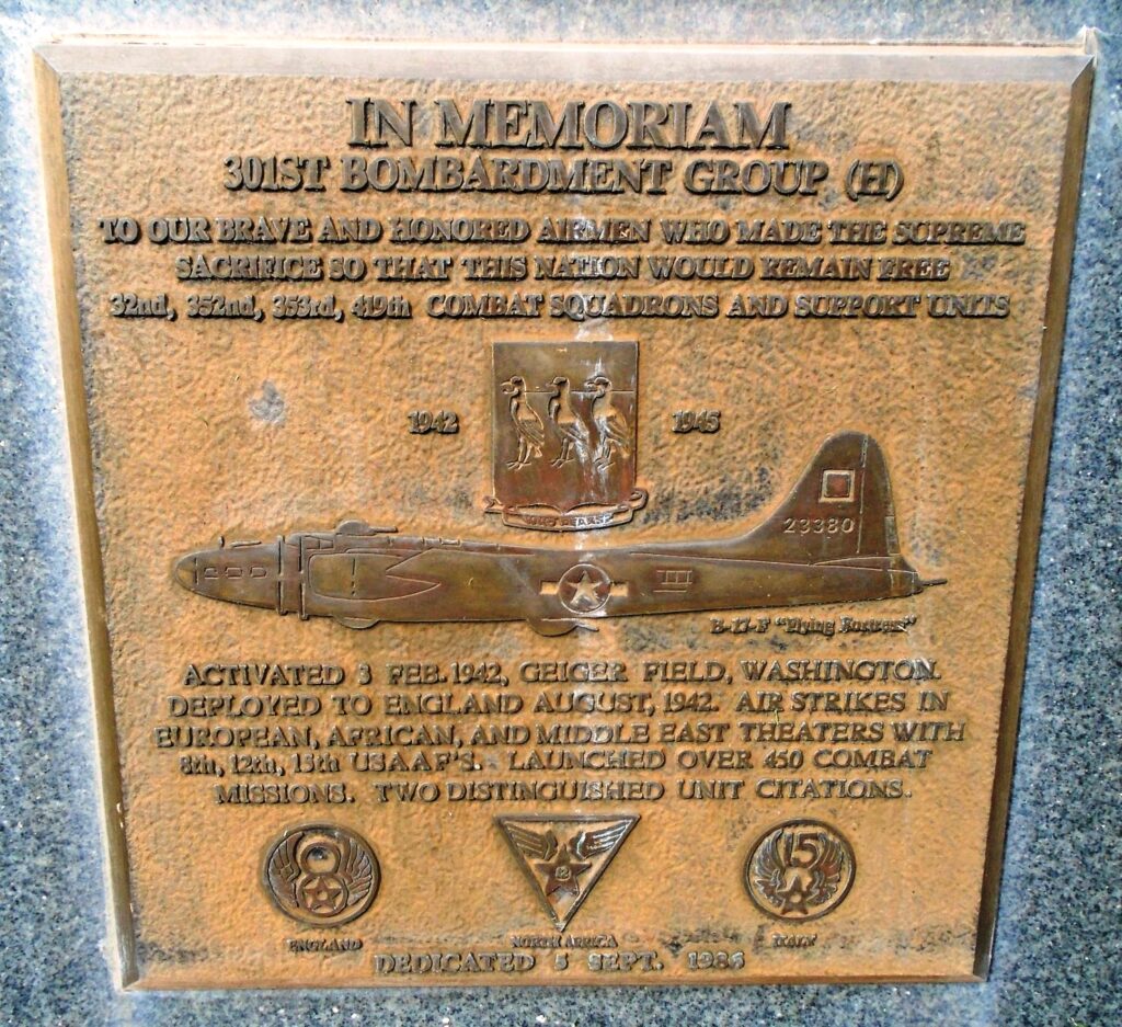 USAF ACADEMY 301ST BOMBARDMENT GROUP (H) WAR MEMORIAL PLAQUE
