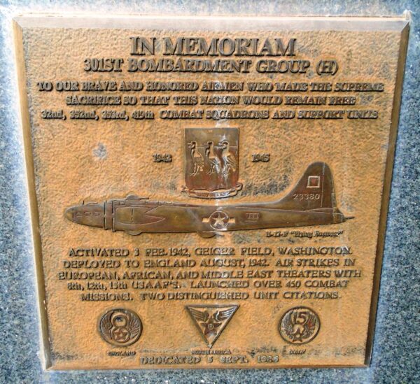 USAF ACADEMY 301ST BOMBARDMENT GROUP (H) WAR MEMORIAL PLAQUE