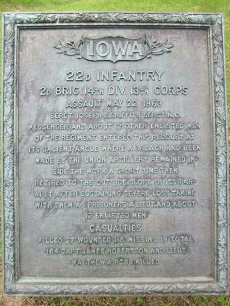 22D IOWA INFANTRY ASSAULT AT VICKSBURG MEMORIAL PLAQUE