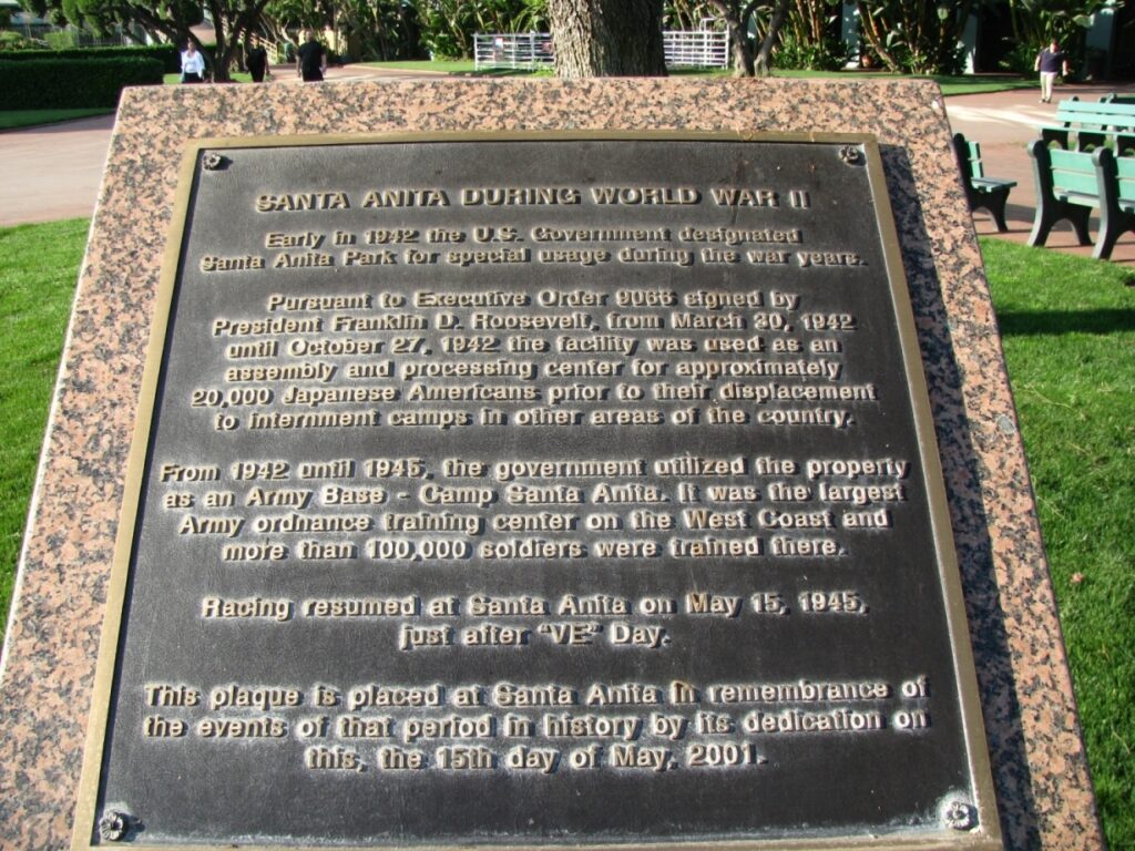 SANTA ANITA DURING WORLD WAR II MEMORIAL PLAQUE