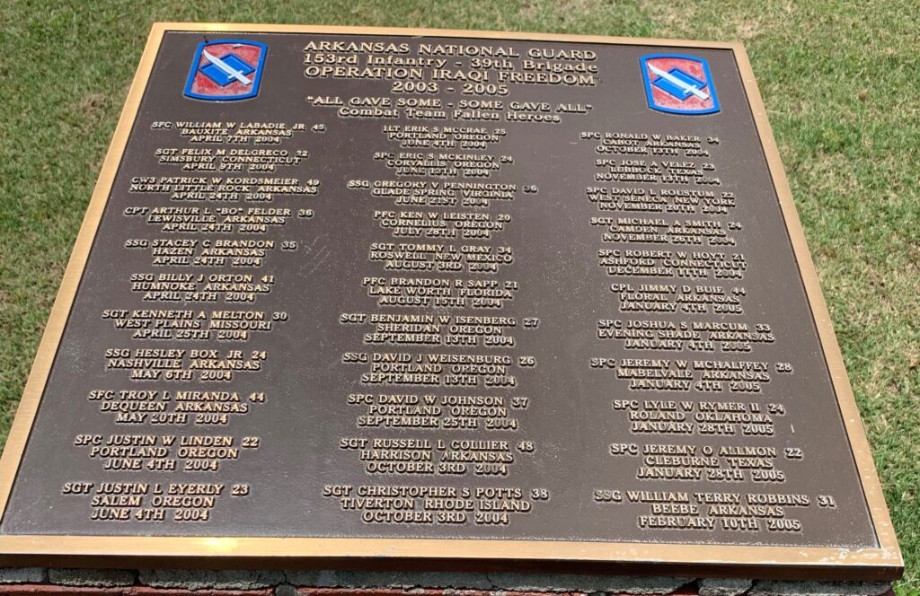 ARKANSAS NATIONAL GUARD 153RD INFANTRY-39TH BRIGADE WAR MEMORIAL PLAQUE
