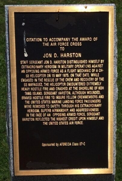 JOHN D. HARSTON AIR FORCE CROSS CITATION MEMORIAL PLAQUE