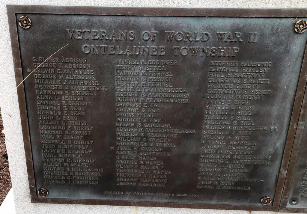 VETERANS OF WORLD WAR II ONTELAUNEE TOWNSHIP MEMORIAL PLAQUE A