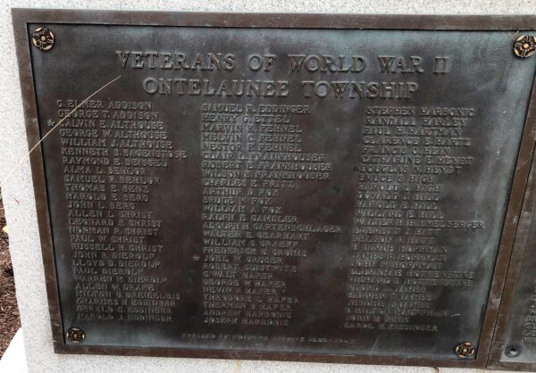VETERANS OF WORLD WAR II ONTELAUNEE TOWNSHIP MEMORIAL PLAQUE A