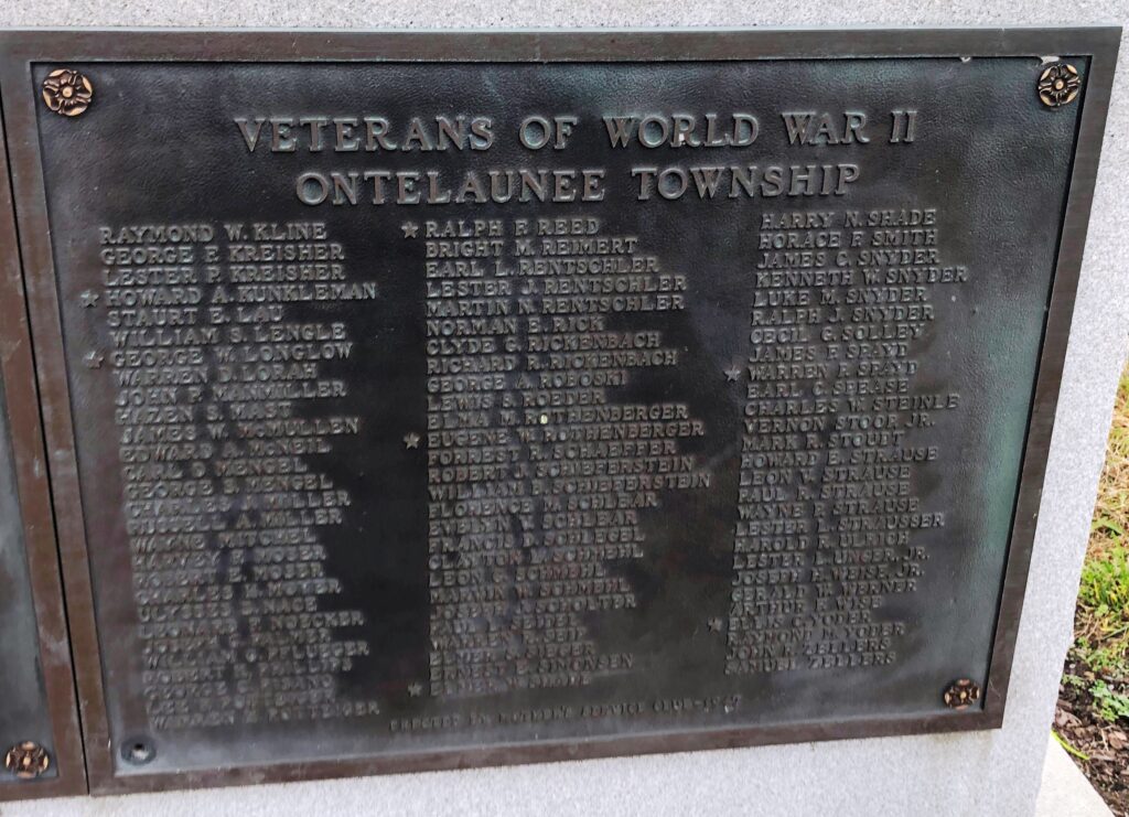 VETERANS OF WORLD WAR II ONTELAUNEE TOWNSHIP MEMORIAL PLAQUE B