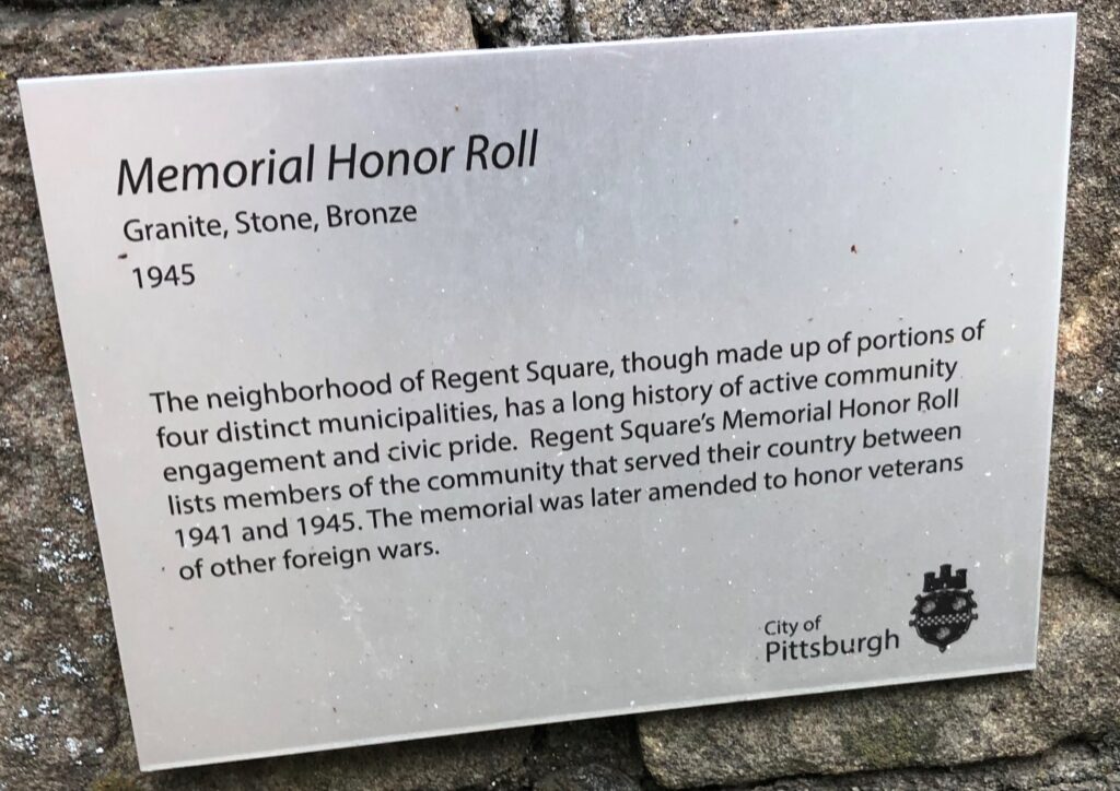 REGENT SQUARE’S MEMORIAL HONOR ROLL PLAQUE A