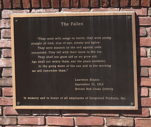 ALL EMPLOYEES OF INTEGRATED PRODUCTS WORLD WAR MEMORIAL PLAQUE