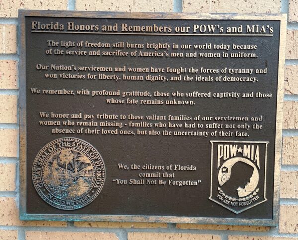 FLORIDA HONORS AND REMEMBERS OUR POW’S AND MIA’S MEMORIAL PLAQUE OCALA