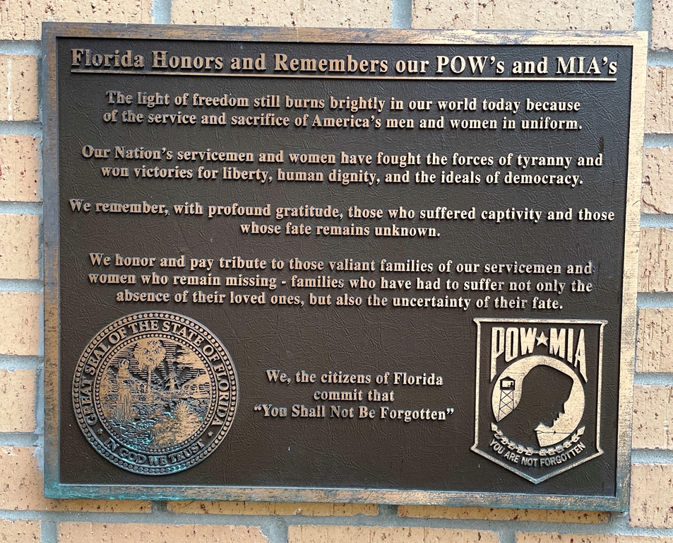 FLORIDA HONORS AND REMEMBERS OUR POW’S AND MIA’S MEMORIAL PLAQUE OCALA