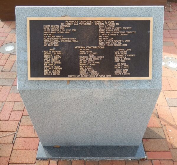 FERRAN PARK VETERANS FLAGPOLE DEDICATION MEMORIAL PLAQUE